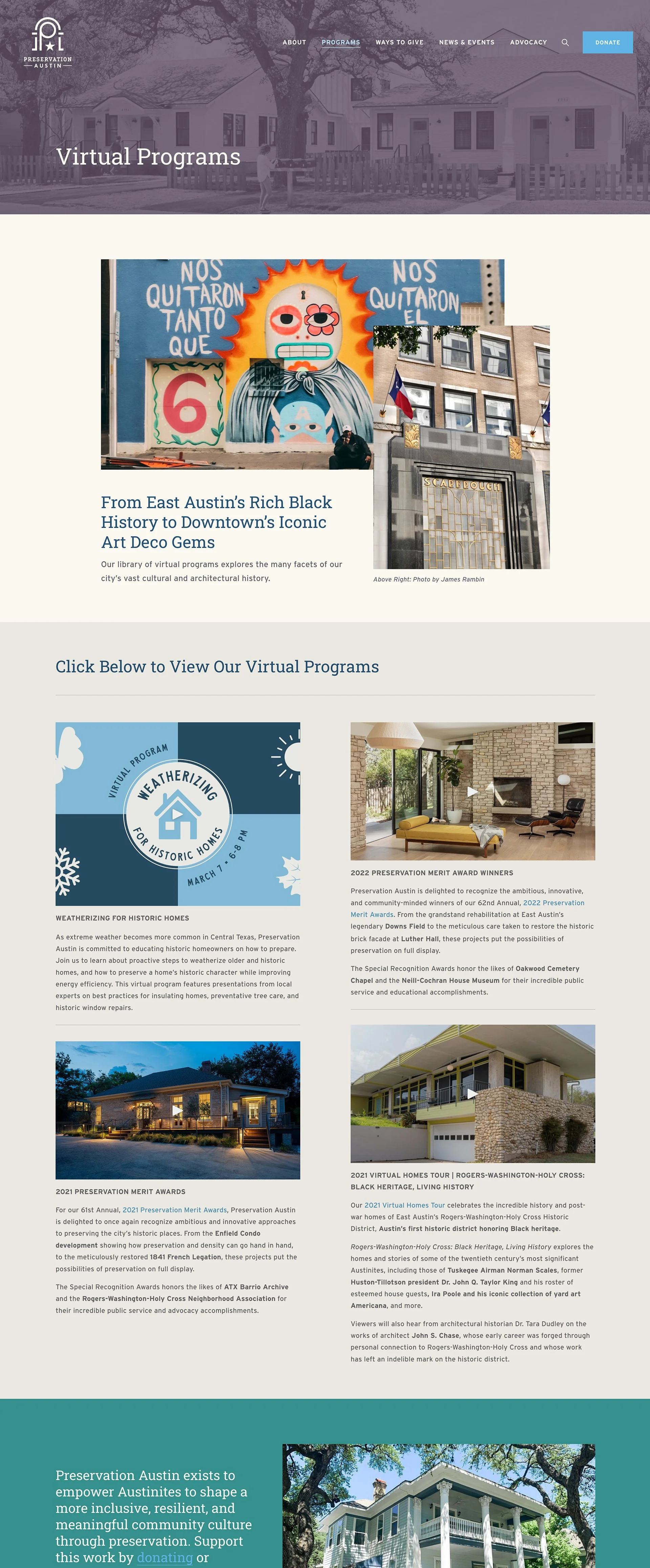French Fox Design: Preservation Austin SquareSpace Website, Virtual Programs Page