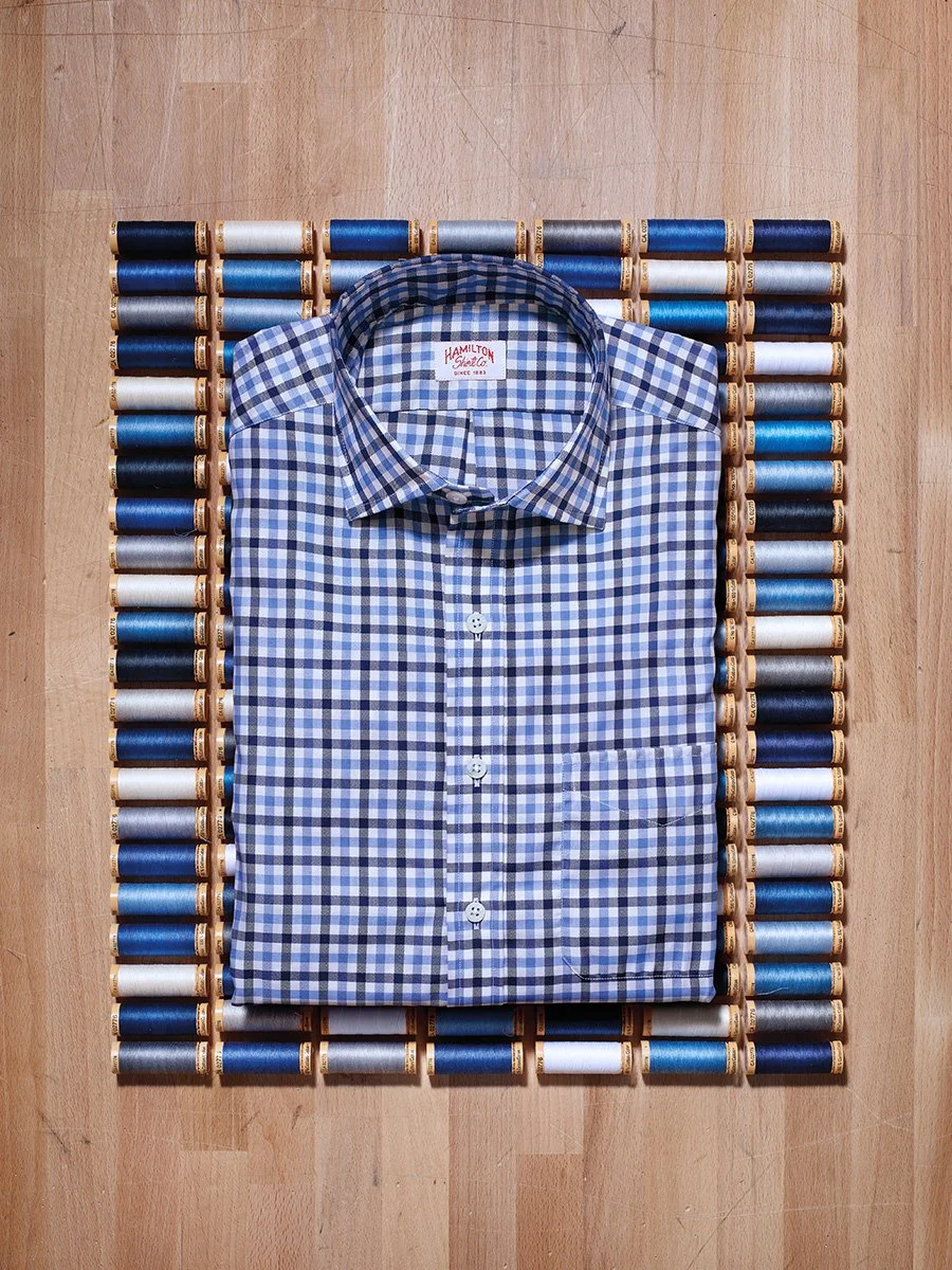French Fox Design: Hamilton Shirts Photography Art Direction, Dress Shirt on Spools of Thread