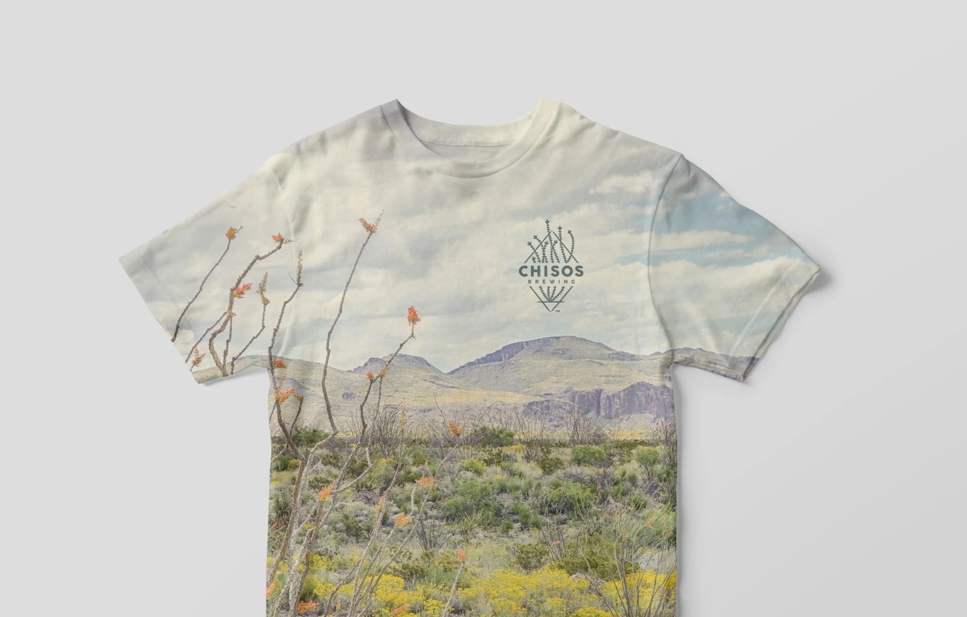 French Fox Design: Chisos Brewing, Blooming Ocotillo Desert Landscape Big Bend National Park with Logo on Tshirt