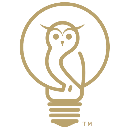 A stylized light bulb with an owl integrated into the design.