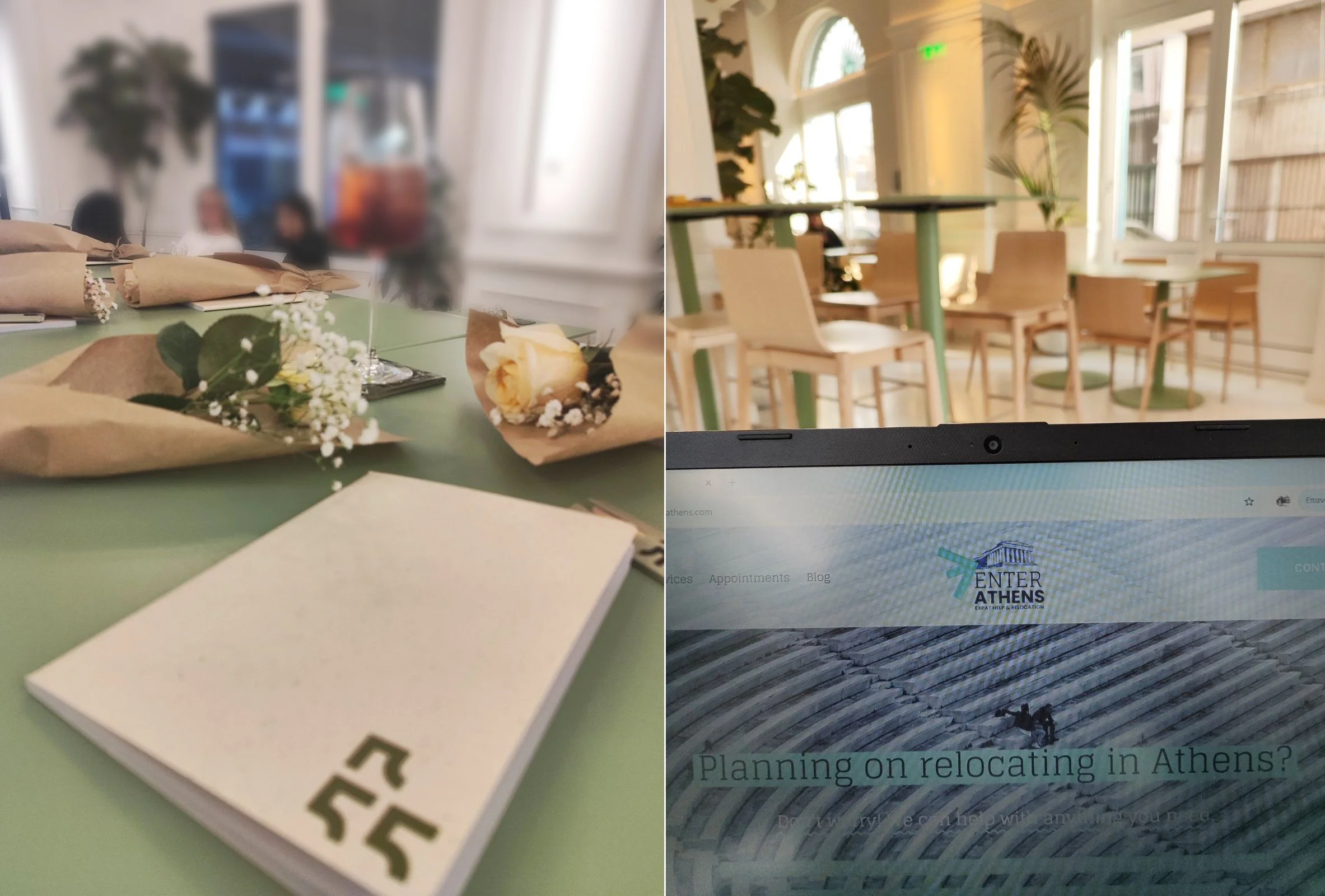 A collage of two images: the left shows a table with small flower bouquets wrapped in brown paper and a white notepad on a green surface; the right shows a bright room with wooden chairs and tables, a computer screen displaying the website "Enter Athens" with the text "Planning on relocating in Athens?"