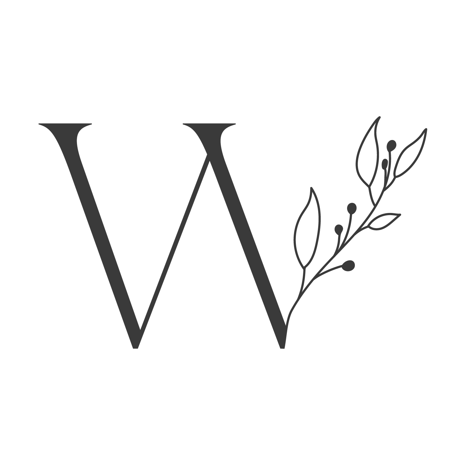 Letter W with decorative floral branch on the right side.
