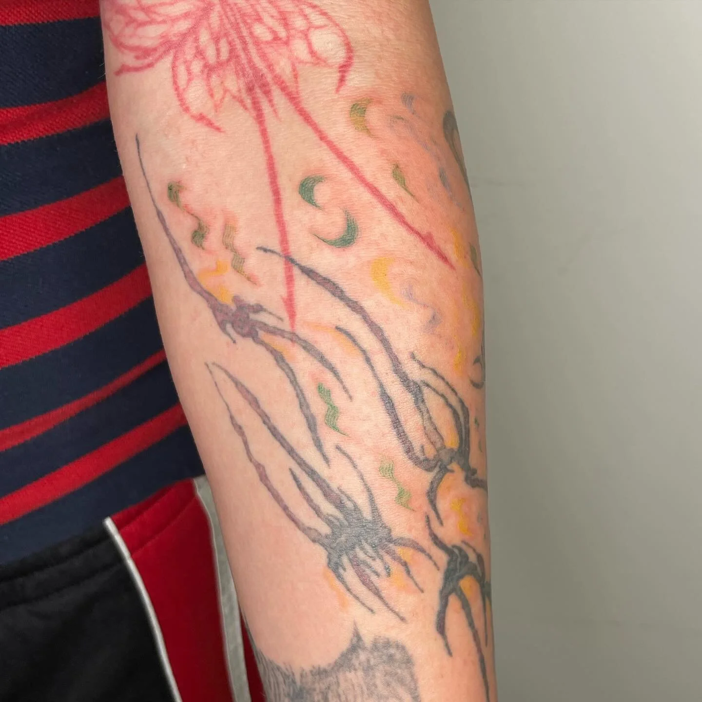 Little color tests on myself amongst my other tats <3 rly want to try more color tattoos this summer ! I&rsquo;m available to tat you can dm to book !!