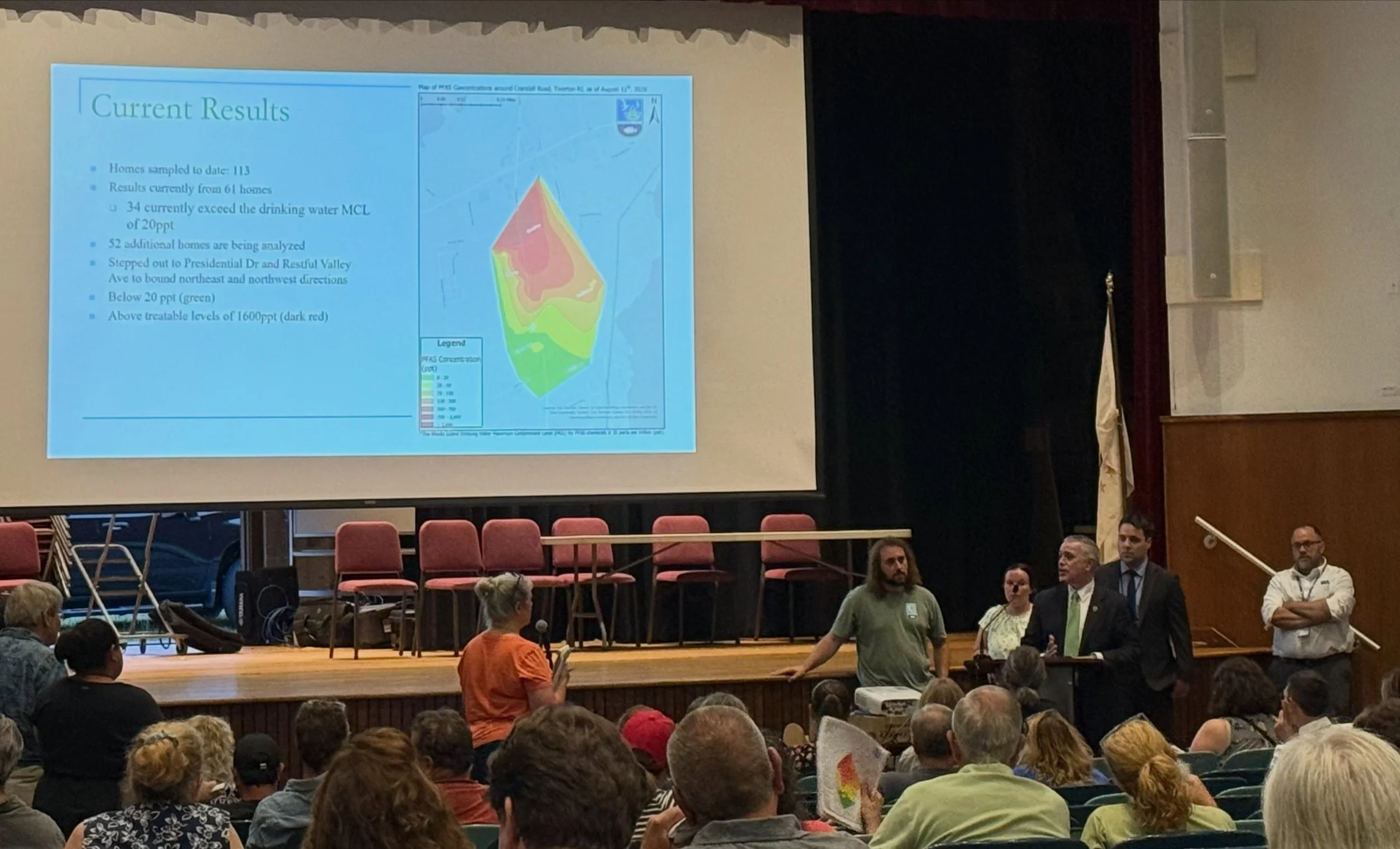 Listening to RIDEM and RIDOH present information about PFAS contamination in private wells and answer a long list of questions from community members. 
If you were not able to attend, the slide presentation has been promised to be made available via 