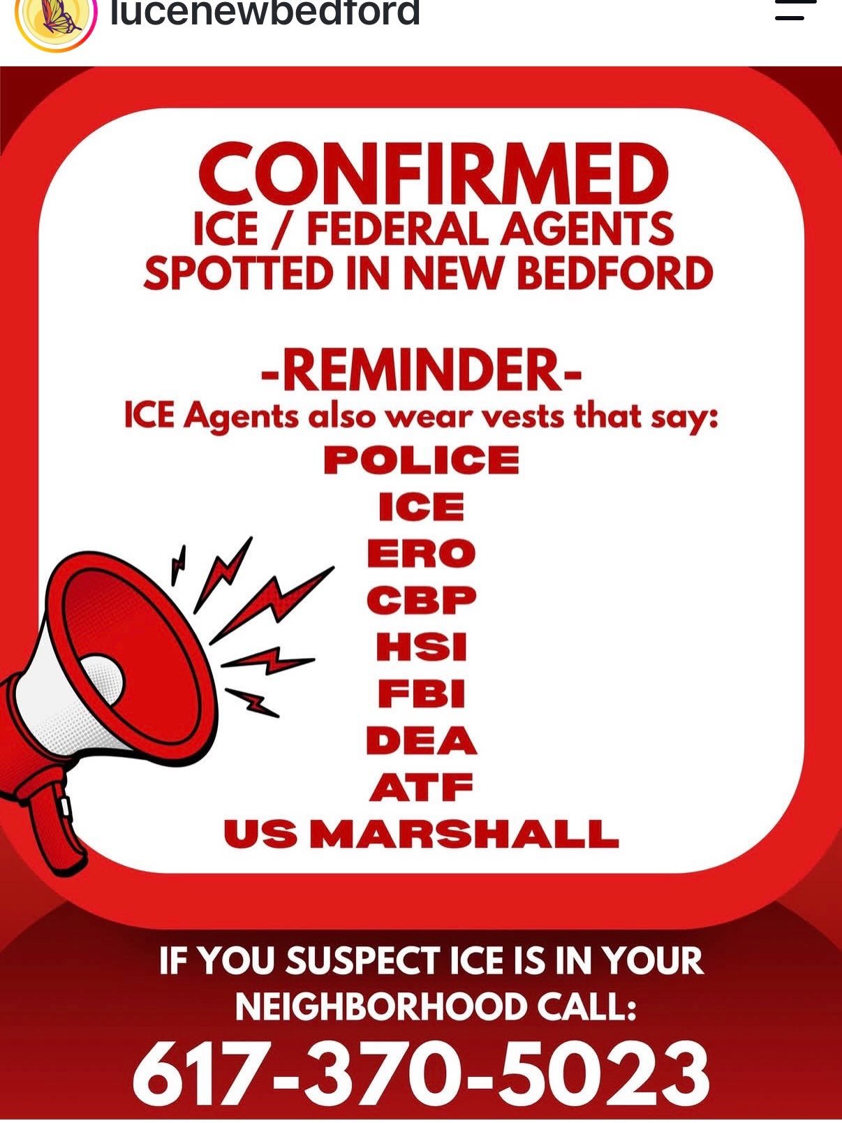 Reports of ICE officer sitings in New Bedford and Fall River this week. 
If you haven&rsquo;t already,  please save these numbers to your contact list to report what you are seeing to those who have received valuable training.