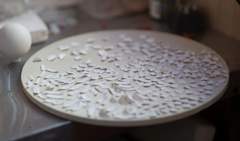Jennifer Hickey Studio Kiln Shelf with porcelain pieces.jpg