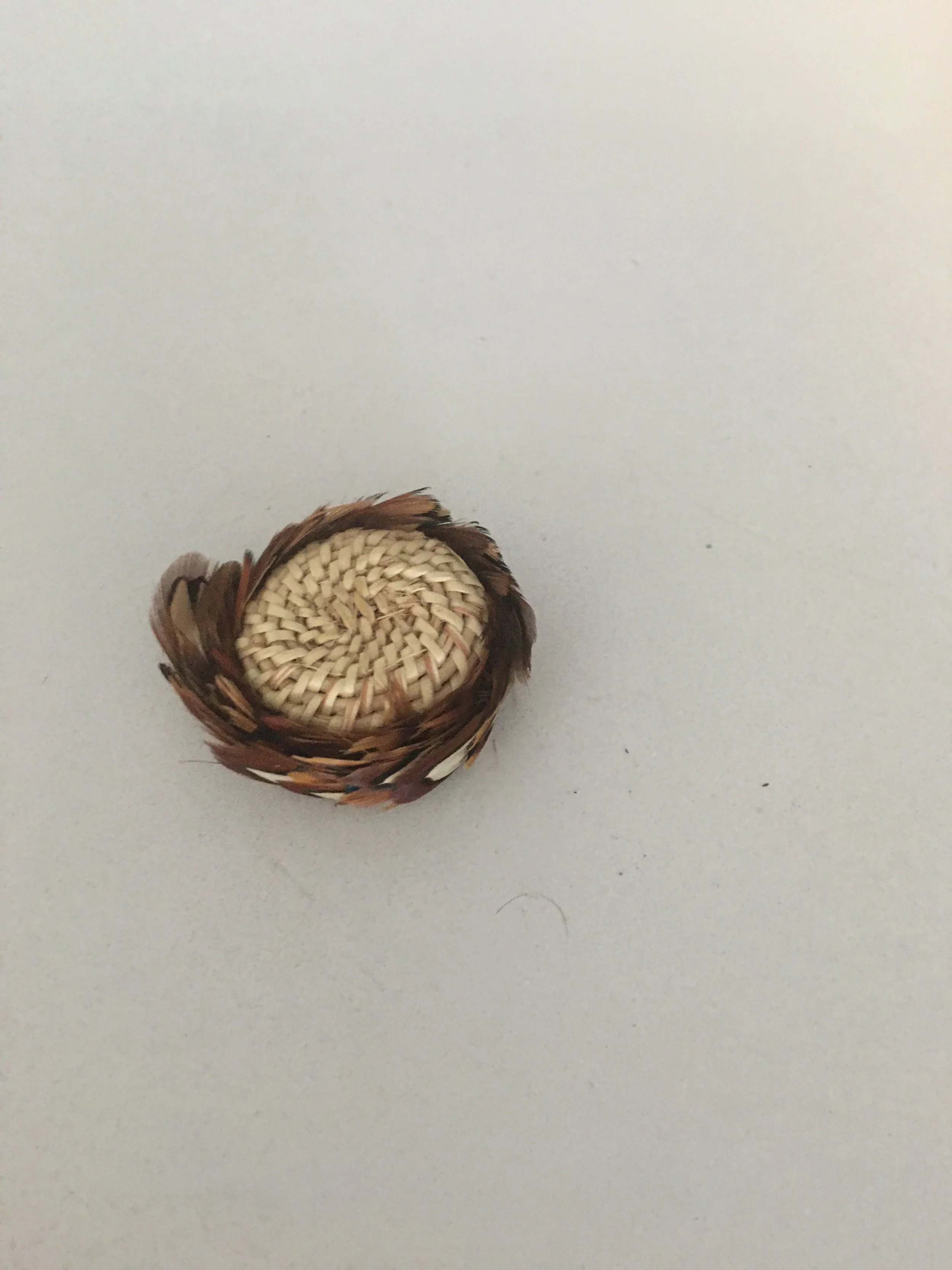20  Pomo mini feathered basket, bottom view  1960.JPG