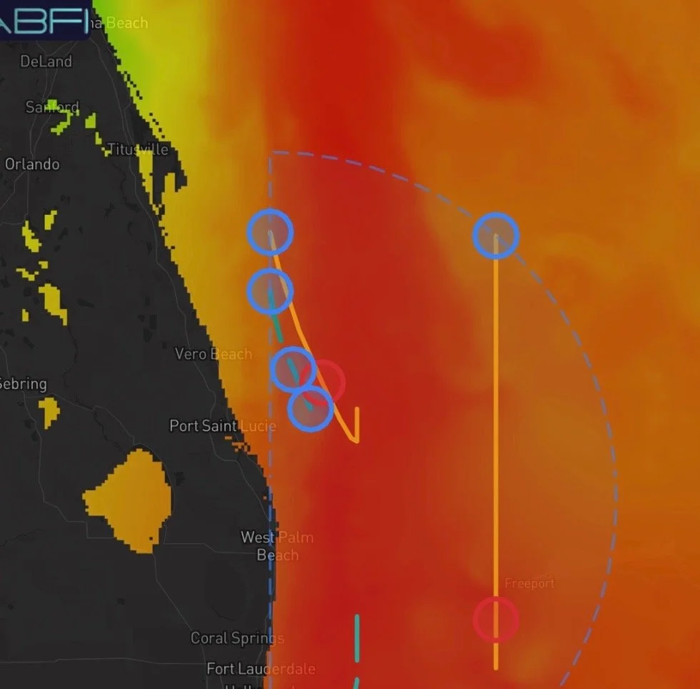 Weather map showing a hurricane approaching the Florida coast with projected paths marked by circles and lines, and color-coded intensity levels from yellow to red.