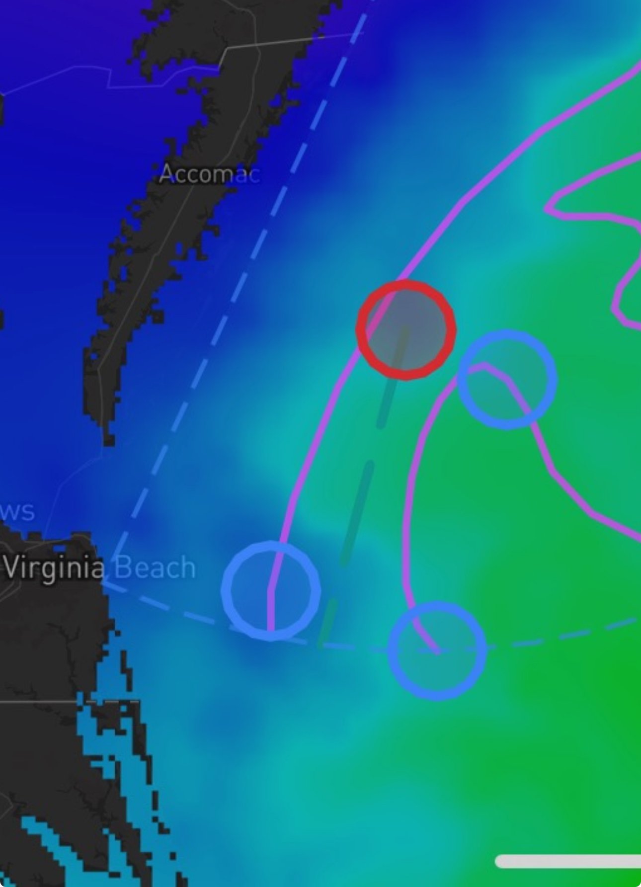 Weather map showing storm tracking off the east coast of the United States near Virginia Beach, with colored circles and lines indicating storm paths and intensity.