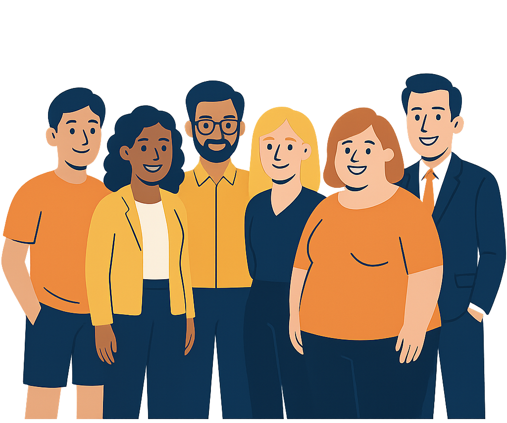 Ilustracja przedstawiająca różnorodną grupę sześciu uśmiechniętych osób pracujących w Selldesigner.pl