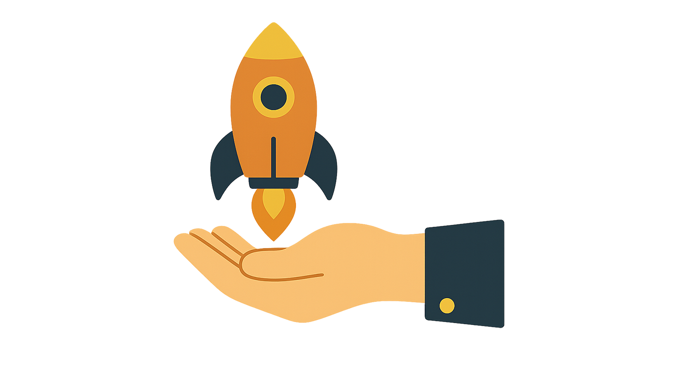 A cartoon illustration of a hand with a suit sleeve holding a small rocket ship launching into the air.
