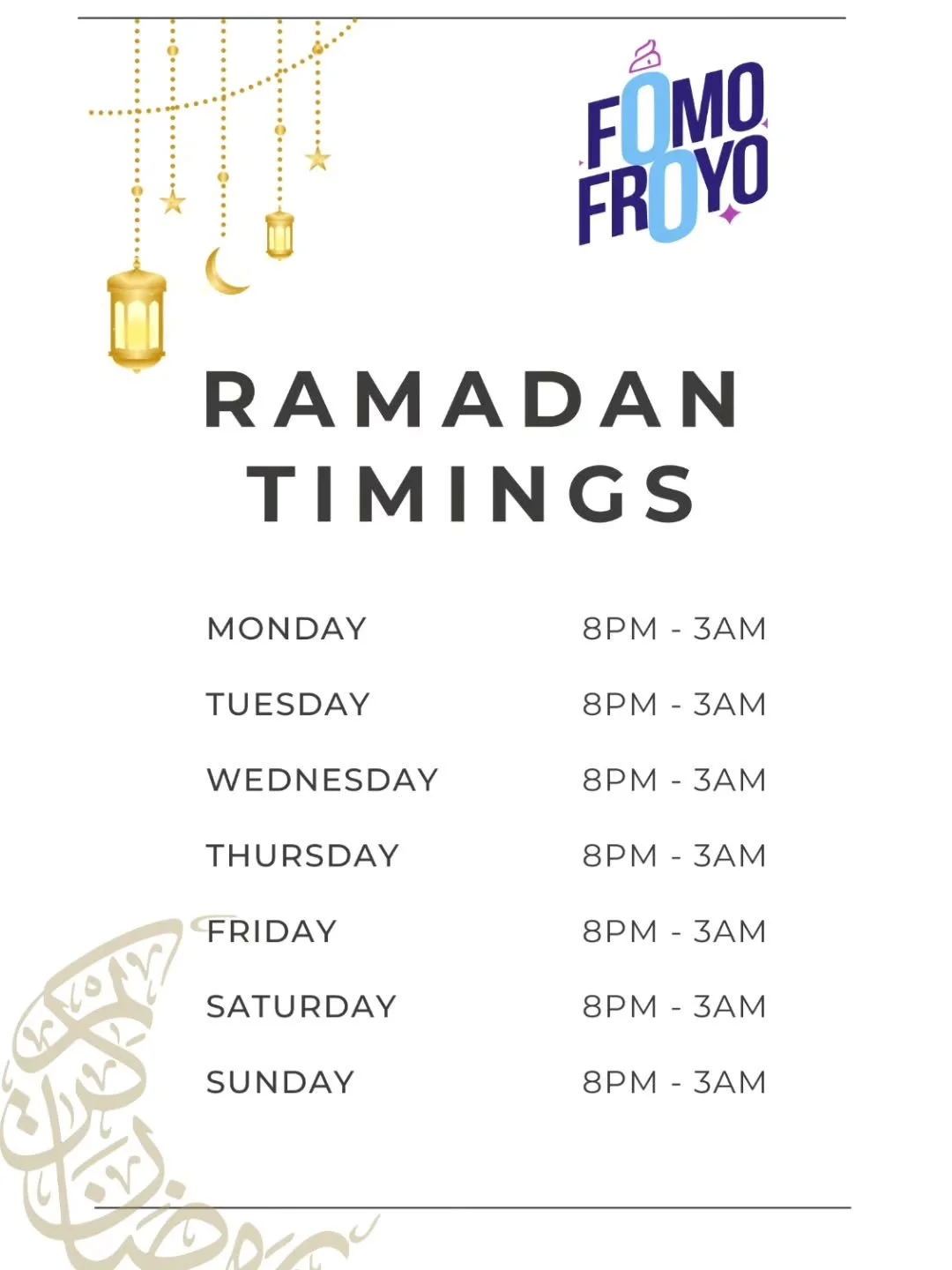 The fast is over, the lights are up, and the froyo is swirling. We&rsquo;ve updated our timings so you can enjoy FomoFroyo all the way through to Sehri.

📍 Visit us daily: 8 PM &ndash; 3 AM

May this month bring you and your loved ones endless bless
