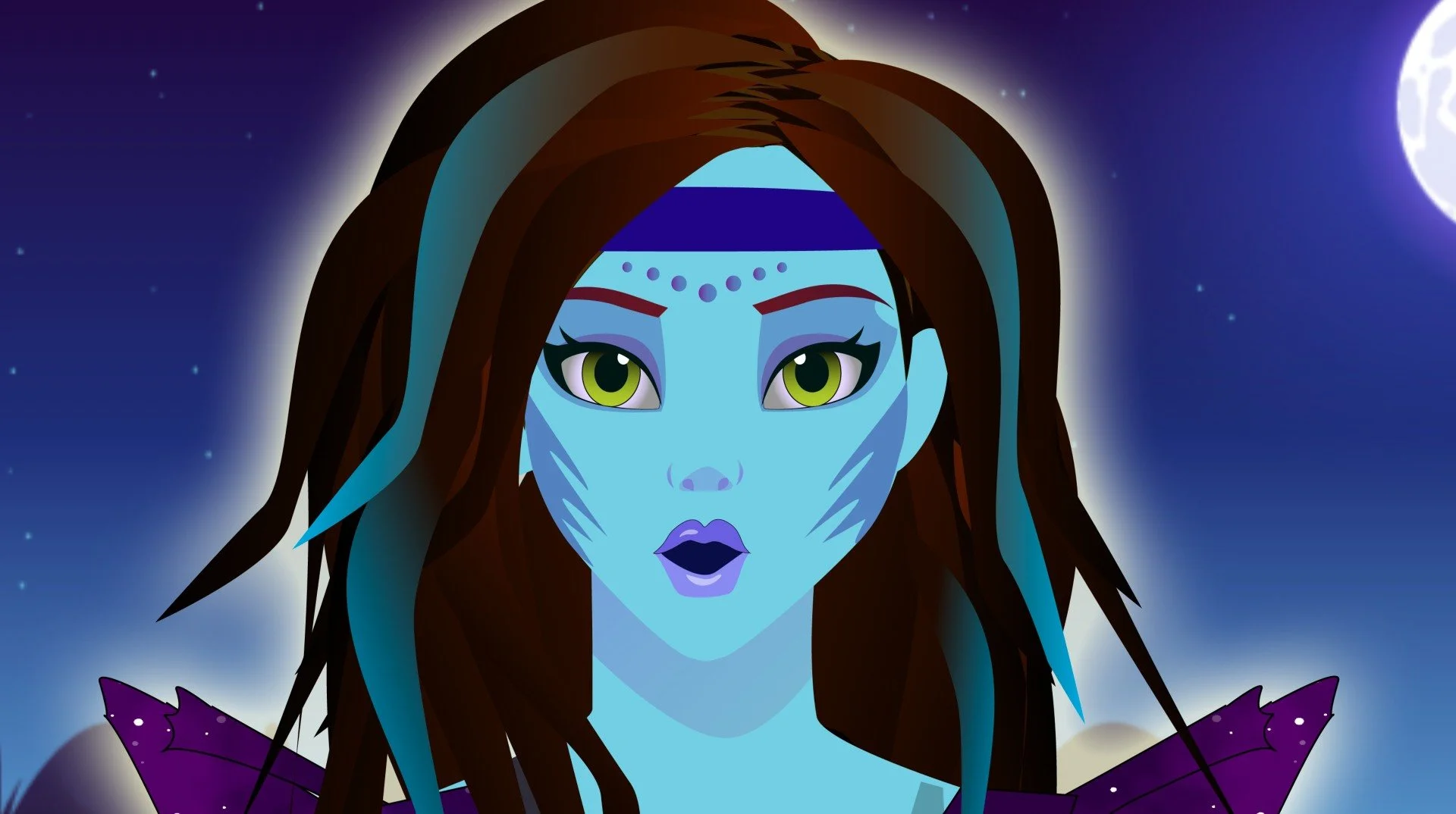 Digital illustration of a female character with blue skin, green eyes, purple lips, long brown hair with blue streaks, and fantasy-themed purple outfit, set against a night sky with a full moon.