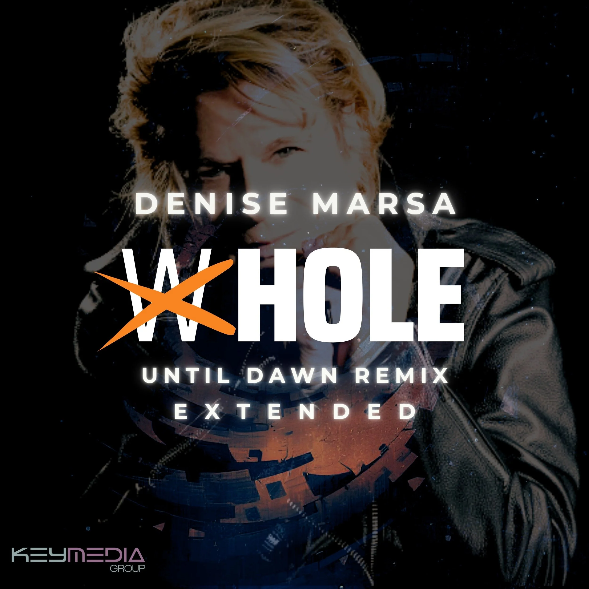 Album cover featuring a woman with short hair wearing a black leather jacket, with text overlay about the song 'W-HOLE' by Denise Marsa, extended remix version.