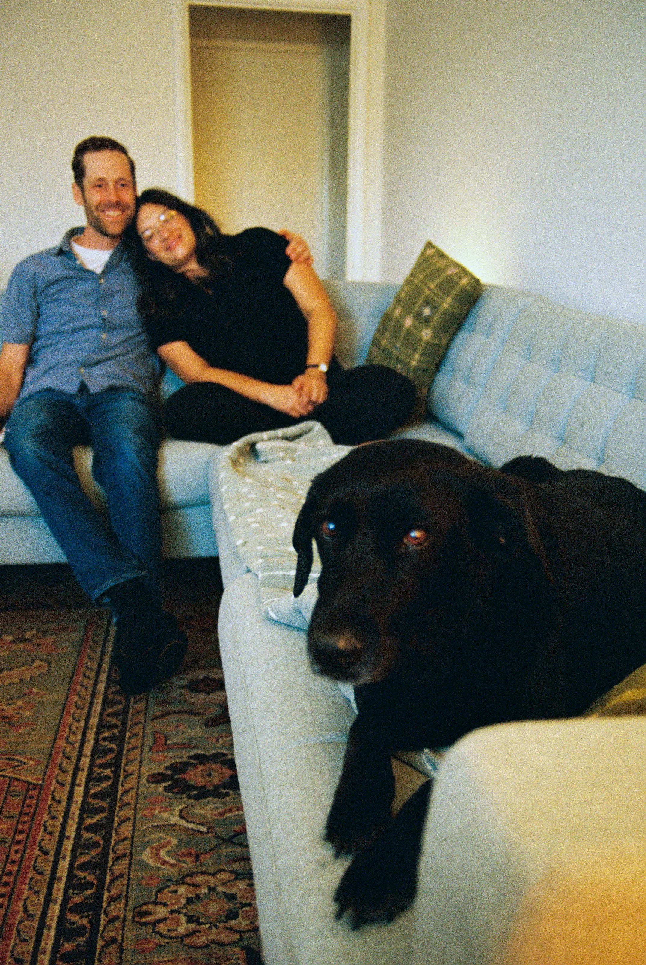 Couple at home in Fort Worth with dogs on a Sunday afternoon, shot on 35mm film