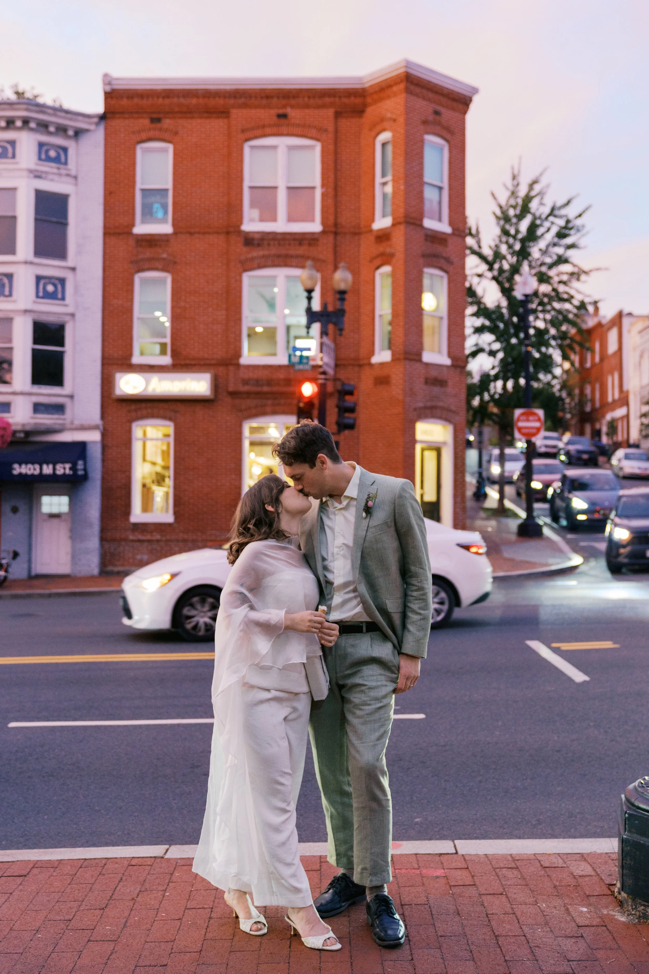 sunset portraits georgetown washington dc newly married couple
