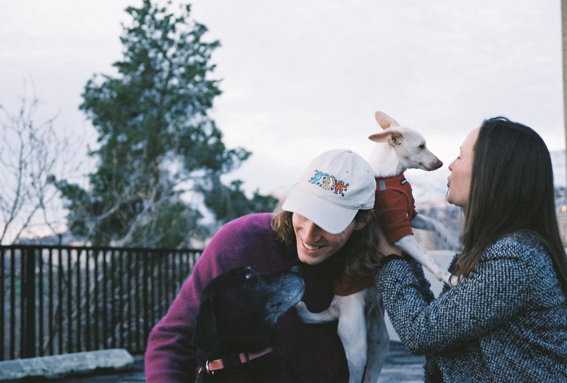 Couple playing with dogs outside on a snowy day during a walk in Salt Lake City, Utah, shot on 35mm film
