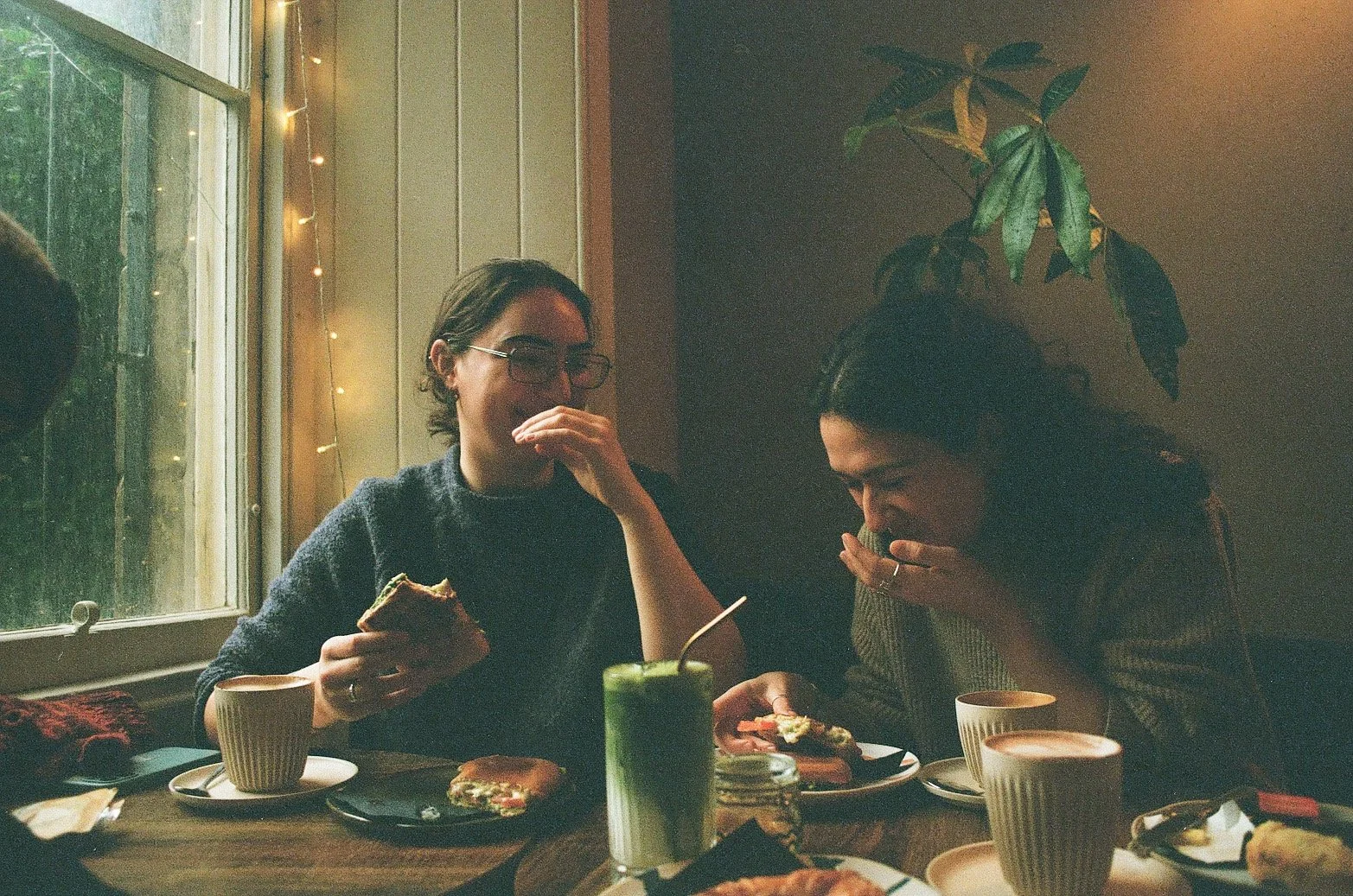 candid couple portrait at cafe in Edinburgh Scotland on 35mm film