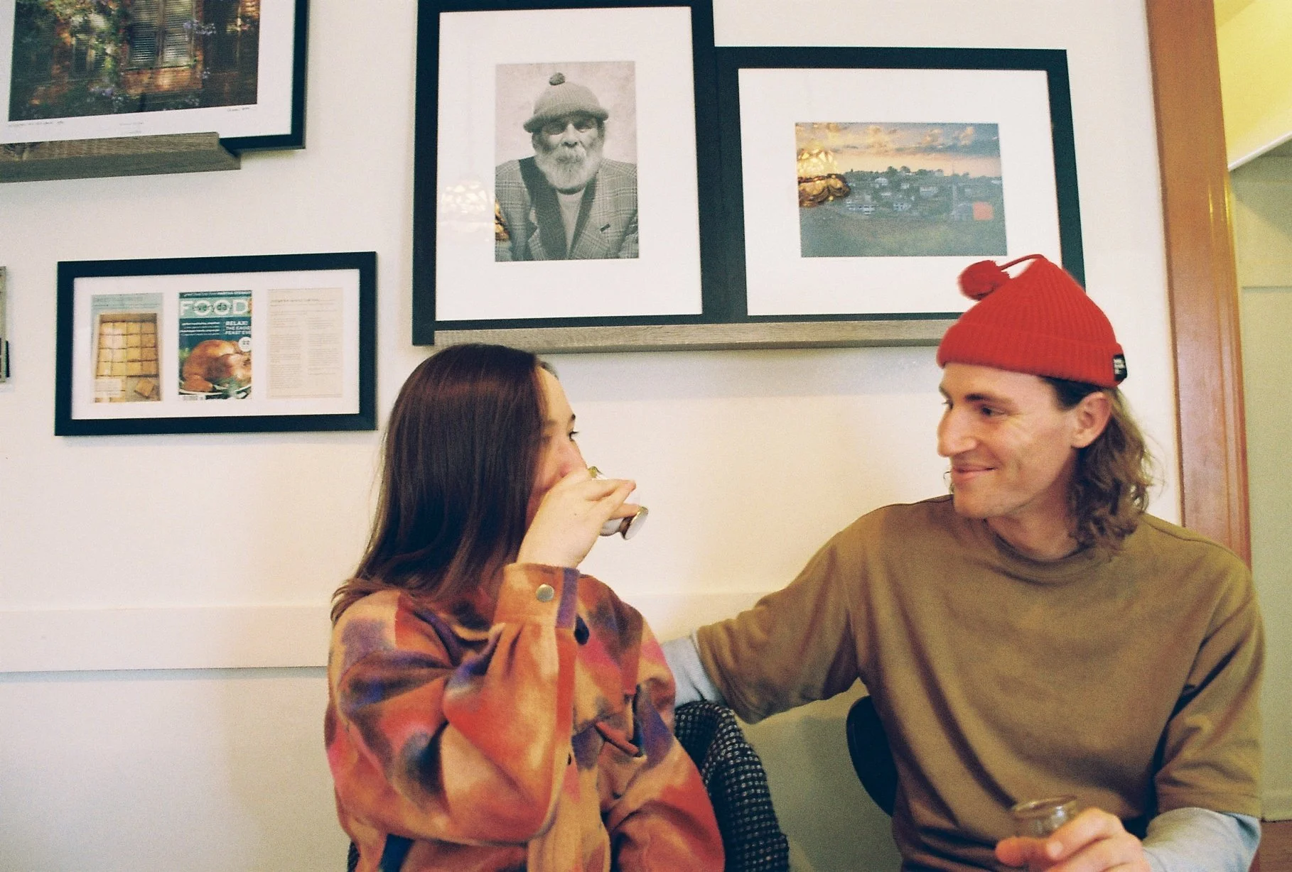Couple drinking coffee at a coffee shop in Salt Lake City, Utah, shot on 35mm film