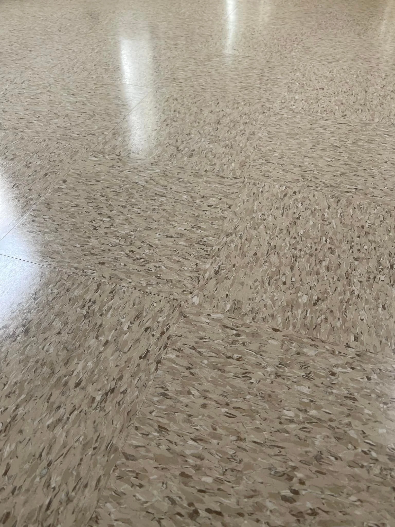 1 of 2 breezeways we completed. 2,300 sq ft of Armstrong Standard Excelon 51901 Taupe. We also applied 3 coats of Betco Hard As Nails floor finish. Finished off with Johnsonite 29 Moonrock rubber base.