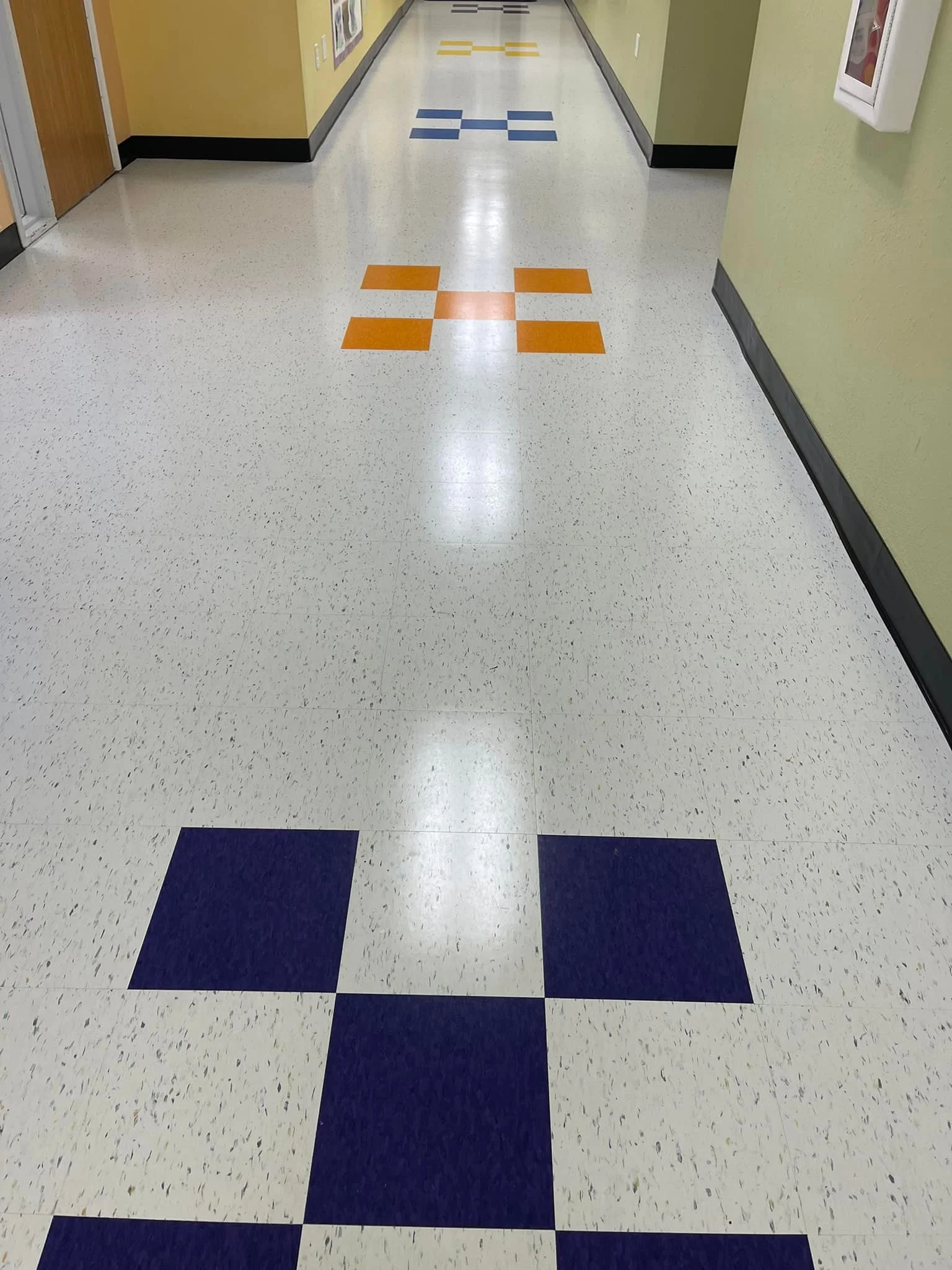 
3,600 sq ft. installed by Scott Peterson that included demo of existing VCT. Betco - Hard As Nails floor polish by Brittany Wall and Kandy Ware. 
Primary - 
Armstrong 52505 Harlequin White
Pattern -
Armstrong 57509 Lemon Lick
Armstrong 57533 Tiger E