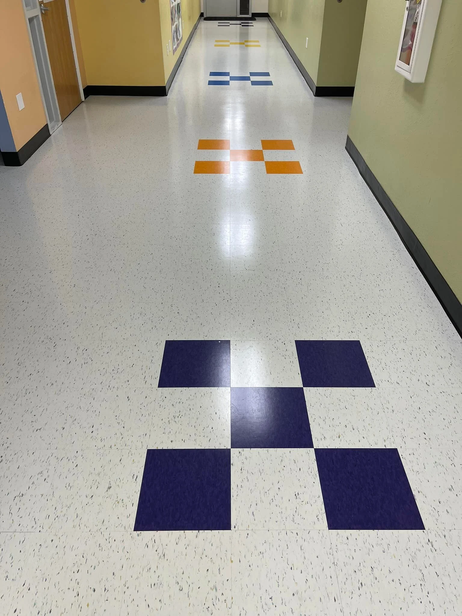 
3,600 sq ft. installed by Scott Peterson that included demo of existing VCT. Betco - Hard As Nails floor polish by Brittany Wall and Kandy Ware. 
Primary - 
Armstrong 52505 Harlequin White
Pattern -
Armstrong 57509 Lemon Lick
Armstrong 57533 Tiger E