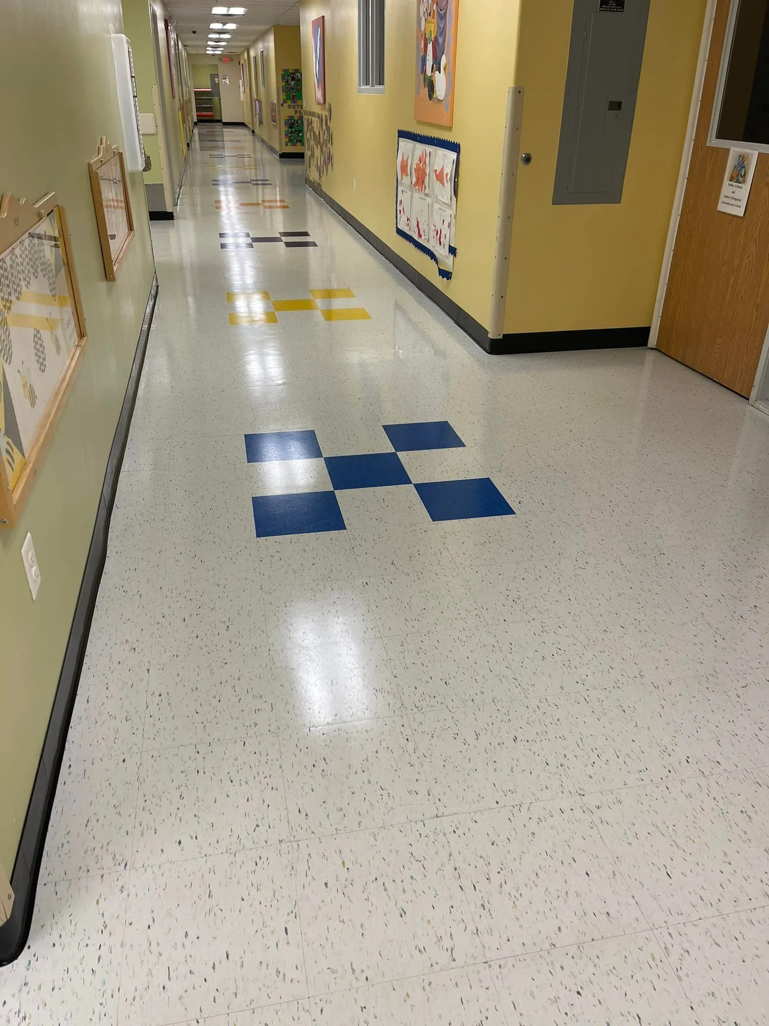 
3,600 sq ft. installed by Scott Peterson that included demo of existing VCT. Betco - Hard As Nails floor polish by Brittany Wall and Kandy Ware. 
Primary - 
Armstrong 52505 Harlequin White
Pattern -
Armstrong 57509 Lemon Lick
Armstrong 57533 Tiger E