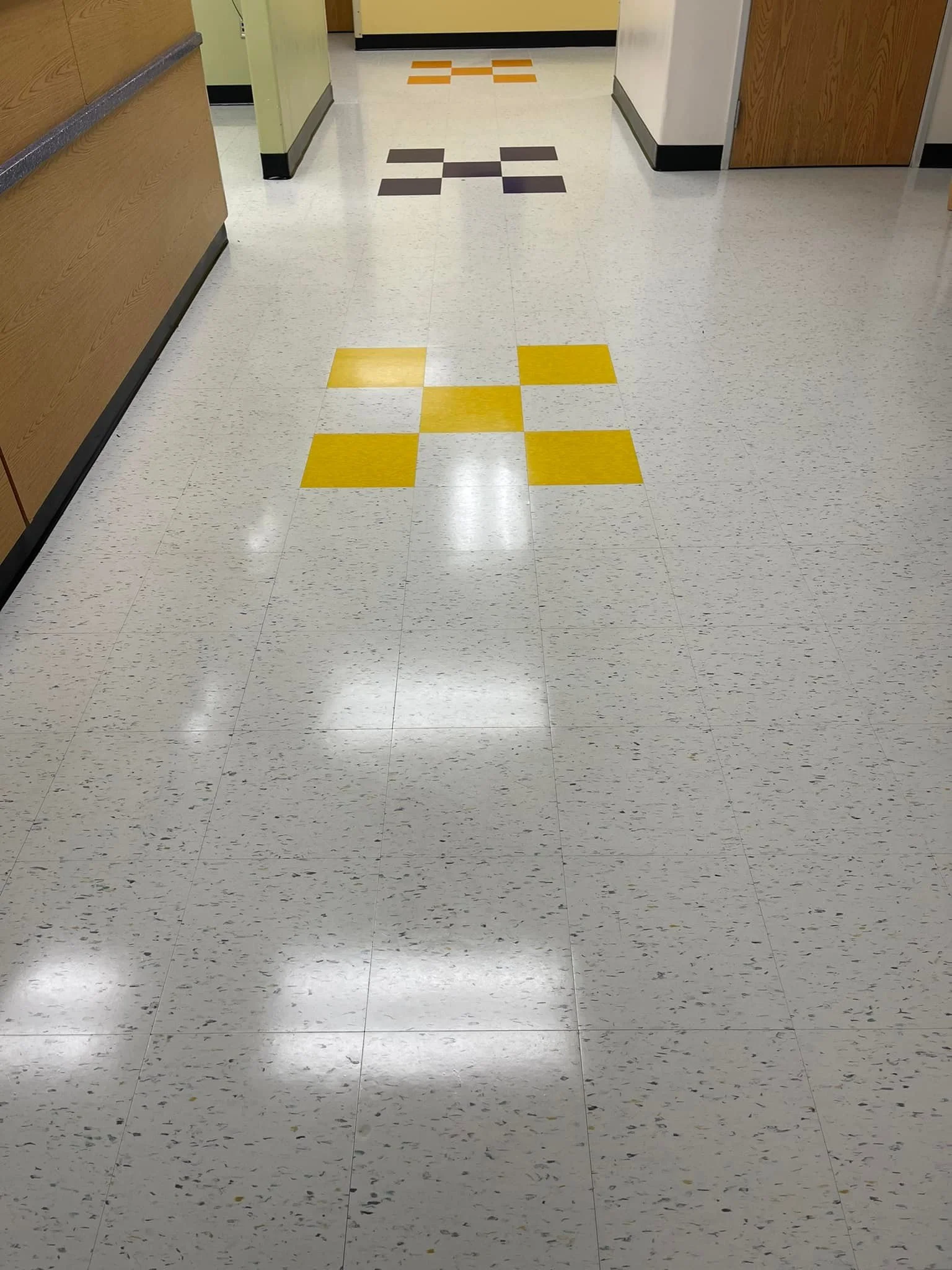 
3,600 sq ft. installed by Scott Peterson that included demo of existing VCT. Betco - Hard As Nails floor polish by Brittany Wall and Kandy Ware. 
Primary - 
Armstrong 52505 Harlequin White
Pattern -
Armstrong 57509 Lemon Lick
Armstrong 57533 Tiger E