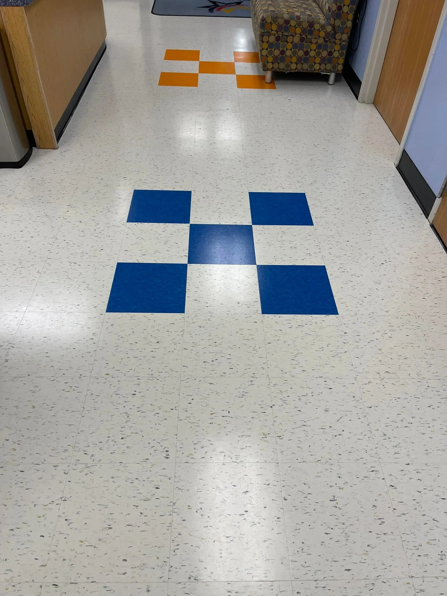 
3,600 sq ft. installed by Scott Peterson that included demo of existing VCT. Betco - Hard As Nails floor polish by Brittany Wall and Kandy Ware. 
Primary - 
Armstrong 52505 Harlequin White
Pattern -
Armstrong 57509 Lemon Lick
Armstrong 57533 Tiger E