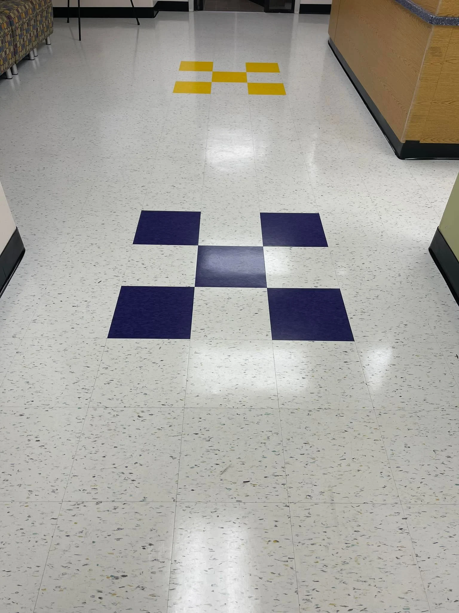 
3,600 sq ft. installed by Scott Peterson that included demo of existing VCT. Betco - Hard As Nails floor polish by Brittany Wall and Kandy Ware. 
Primary - 
Armstrong 52505 Harlequin White
Pattern -
Armstrong 57509 Lemon Lick
Armstrong 57533 Tiger E