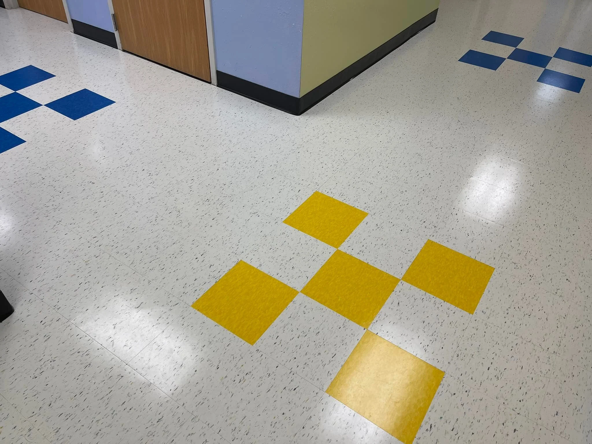 
3,600 sq ft. installed by Scott Peterson that included demo of existing VCT. Betco - Hard As Nails floor polish by Brittany Wall and Kandy Ware. 
Primary - 
Armstrong 52505 Harlequin White
Pattern -
Armstrong 57509 Lemon Lick
Armstrong 57533 Tiger E