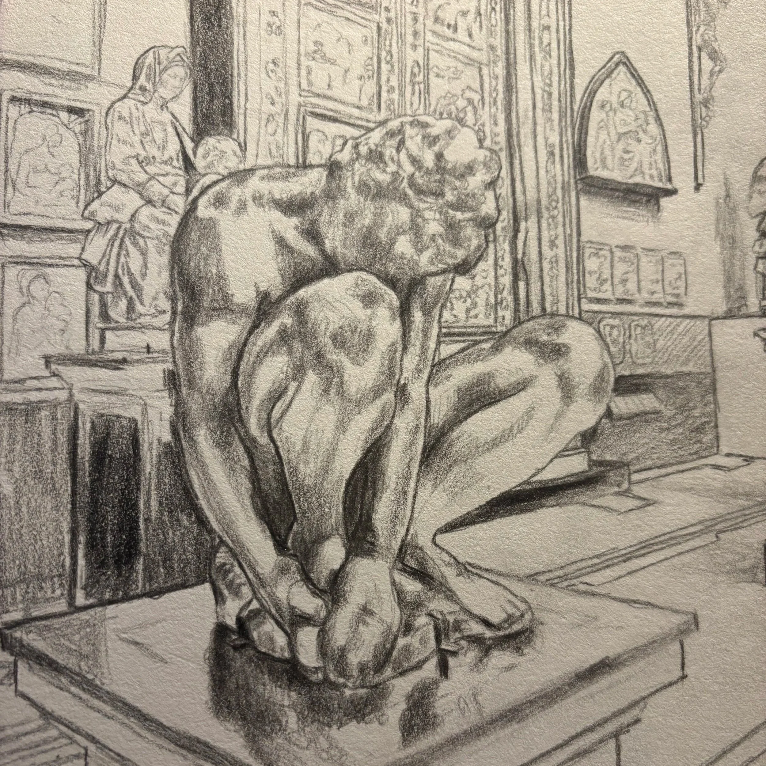 Pencil sketch of the Crouching Boy by Franceska McCullough