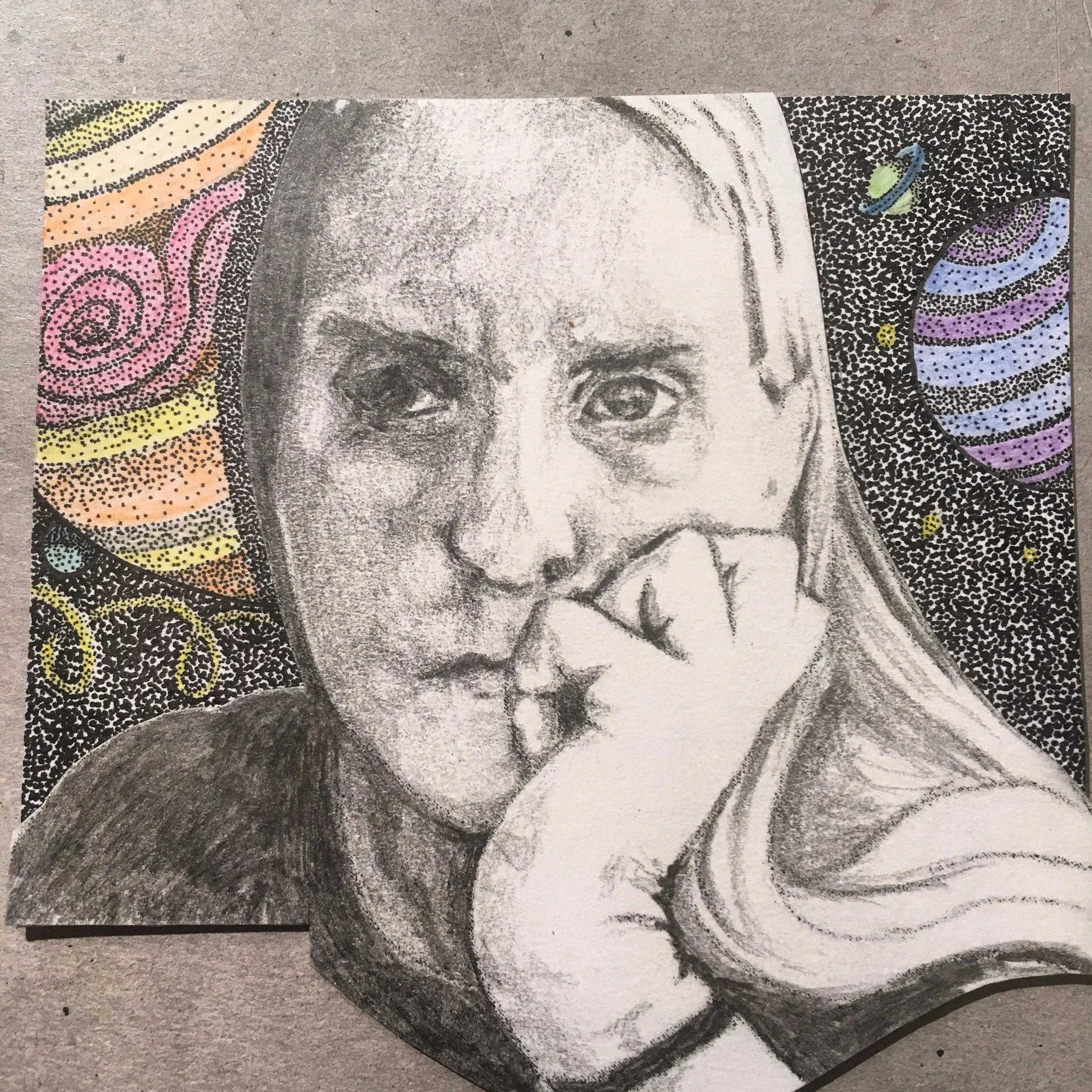 Self portrait drawn in ink and pencil, showing the artist's face with planets in the background, symbolising introspection and imaginative space.