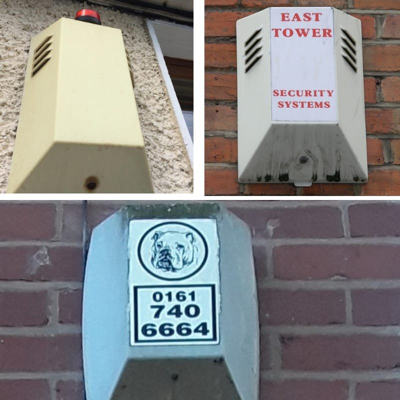 Gallery of three external security alarms that require an upgrade