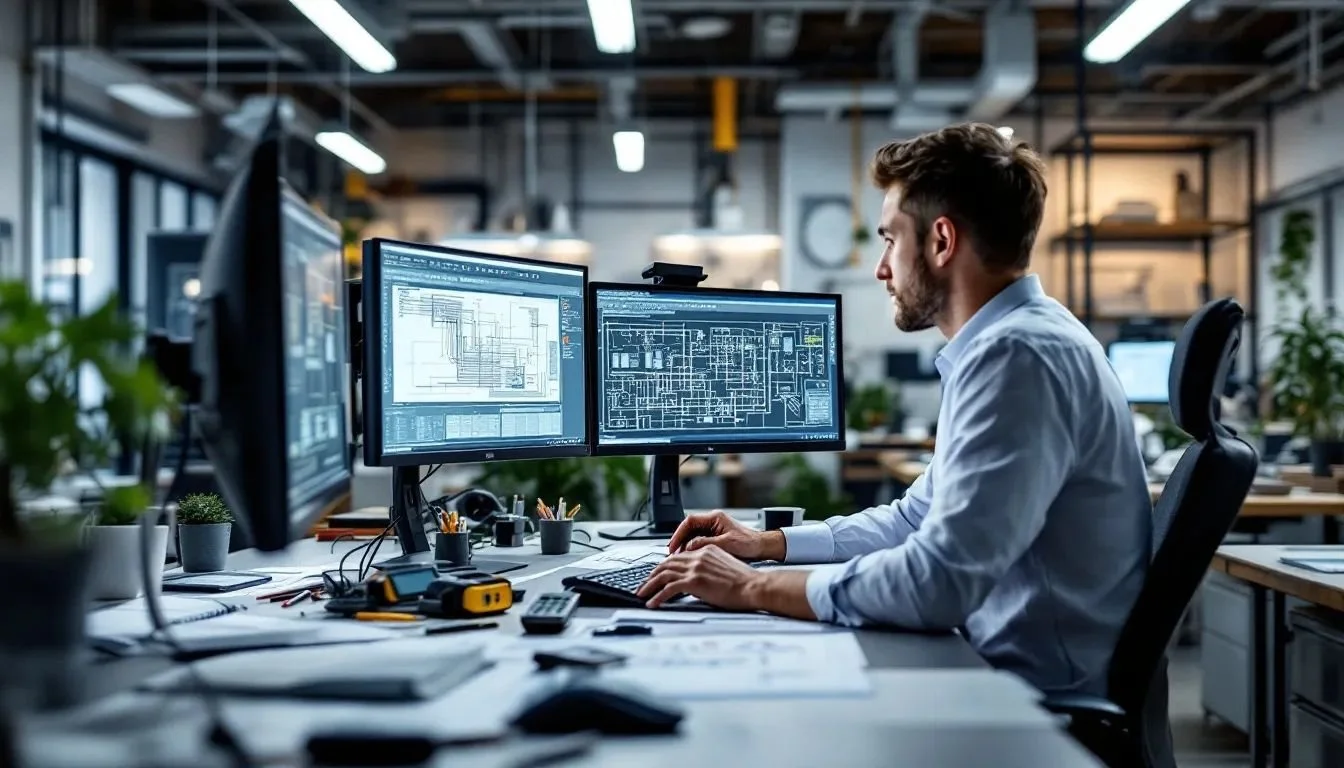 A man working on multiple computer monitors displaying technical blueprints in an office setting.
