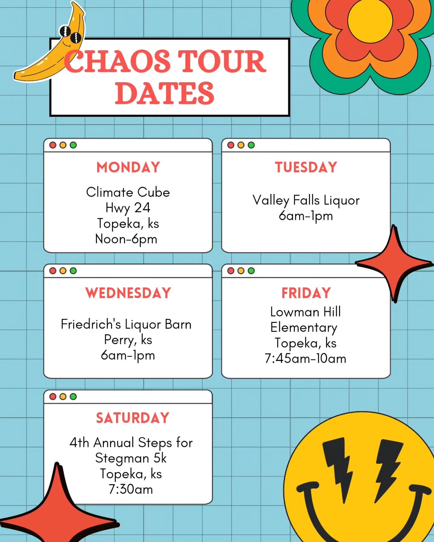 Chaos has a full week of locations
Monday we are doing some afternoon servings at the Climate Cube in North Topeka next to the Kaw Valley flower stand
Tuesday we will be at the lovely and always supportive Valley Falls Liquor
Wednesday we are s