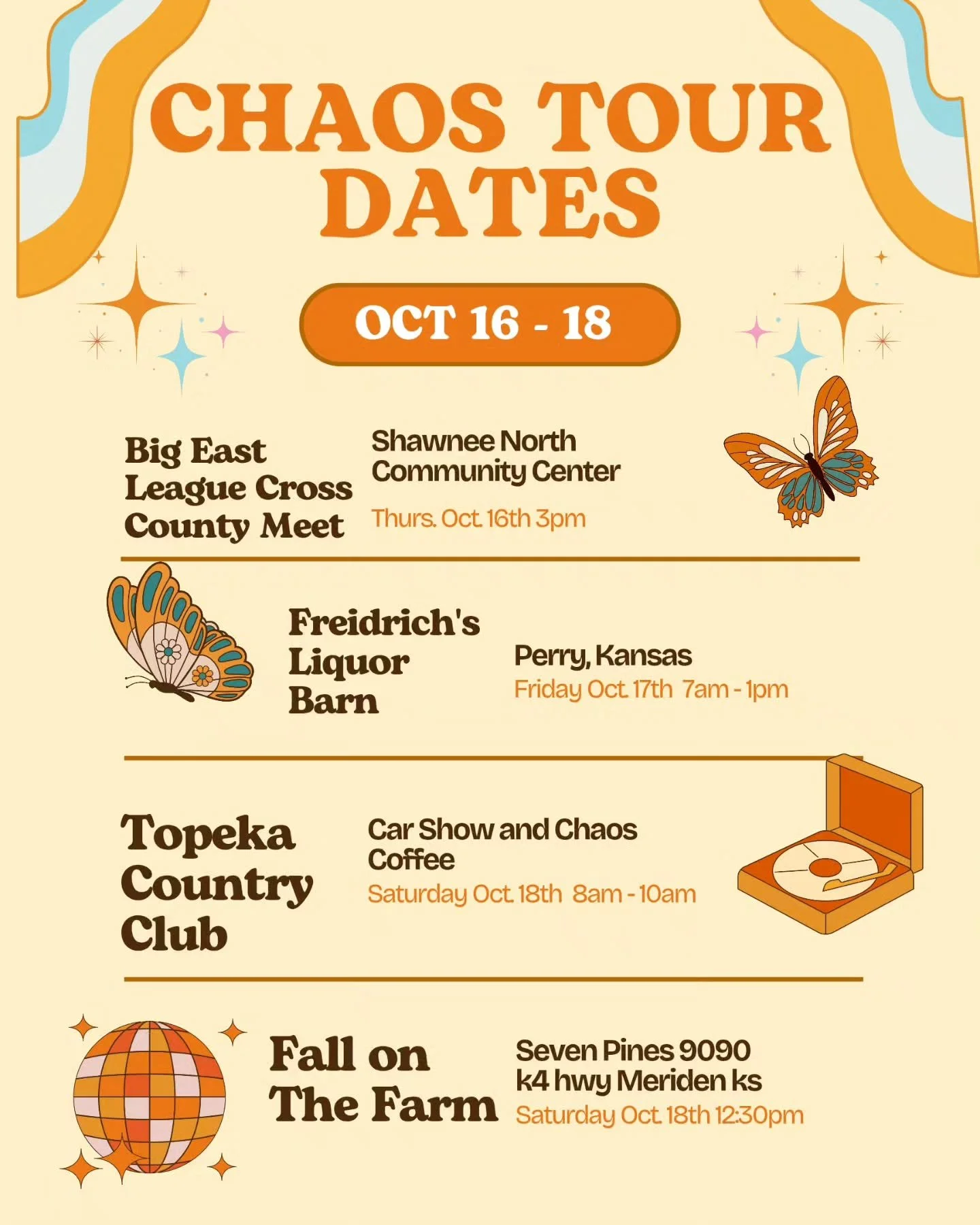 Next round of locations for the Chaos Tour ๐ชฉ
๐ Tomorrow we will be set up at the Shawnee North Community Center in the circle drive ๐ for the Big East League Cross Country Meet at 3pm
๐ Friday we are set up in the big parking lot near our frien