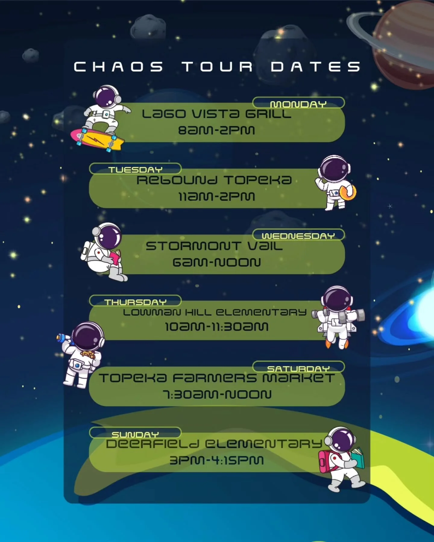 What a beautiful line up ๐๐ชฉ๐จ๐ฆ
Monday will be a heck of a good time with our hunnies @lagovistagrill 
Please come out and support Frank and his new to town mexi food truck ๐ ๐ฎ we love frank! 
Tuesday we will be at Rebound in Topeka - which exa