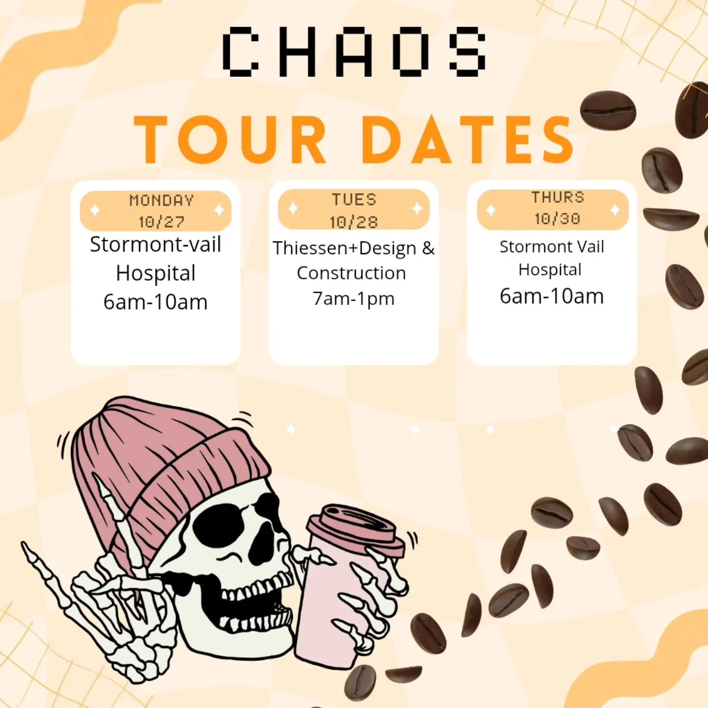 ๐ป Spooky week is here!๐ป
Here's this weeks lineup so far! I plan to be out Friday as well, so that is TBA. 
We will have protein balls this week! Xo happy sunday 
#chaoscoffeeclub 
#chaosonthego