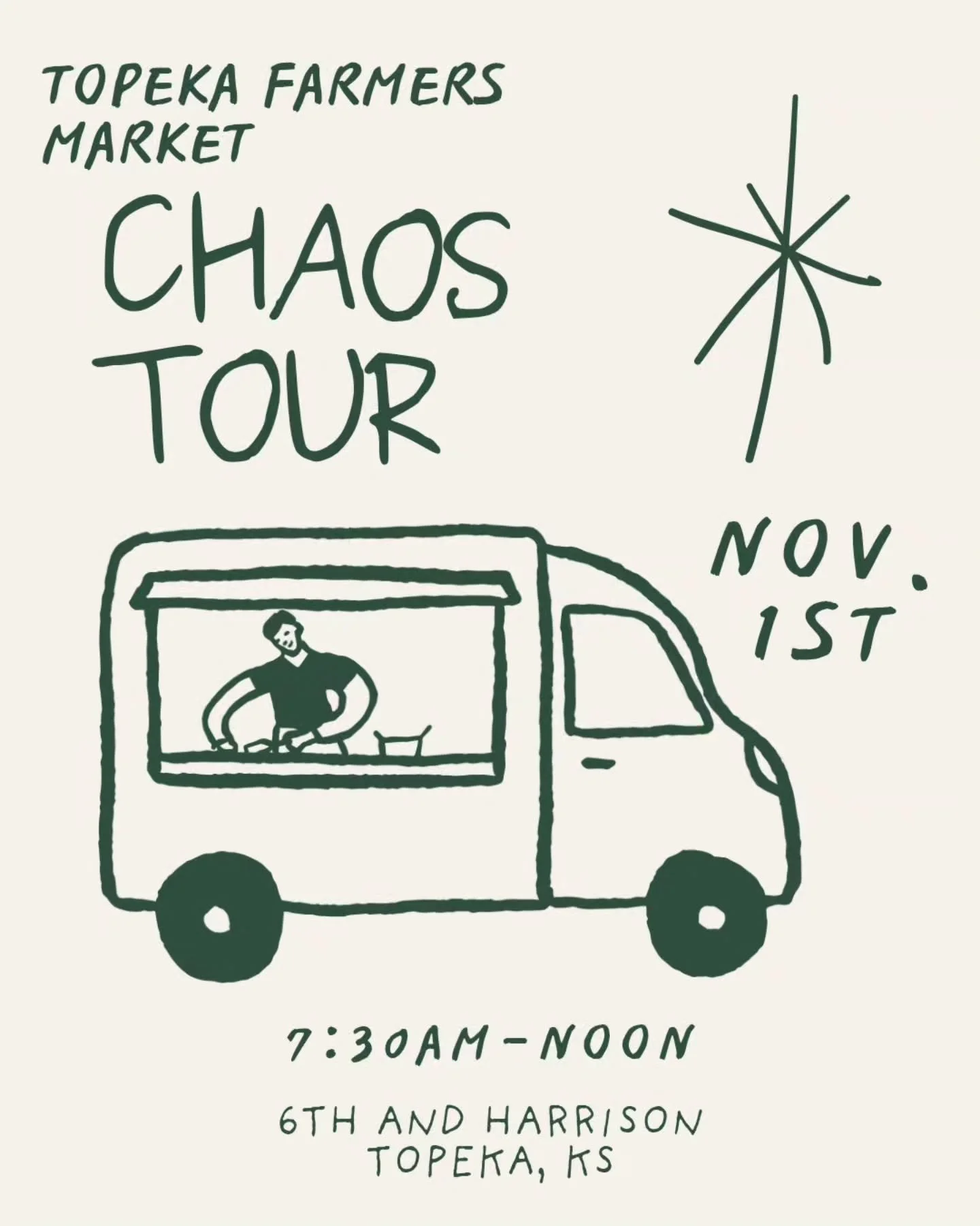 Tomorrow is the last Topeka Farmers Market of 2025

Hope to see you there! You bring the ChAos and I'll bring the caffeine 🤪👻
Whoohoo HAPPY HALLOWEEN everyone! 🎃 

@downtowntopekafarmersmarket 

#chaosandcaffeine #chaosatthemarket