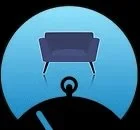A blue sofa with a charging cable underneath, set against a circular blue background.