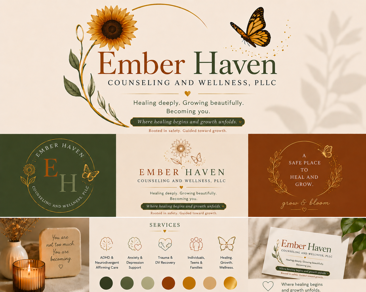 Brochure for Ember Haven Counseling and Wellness, PLLC featuring floral and butterfly design, tagline 'Healing deeply. Growing beautifully. Becoming you.', and information about services such as ADHD & Neurodivergent Affirming Care, Anxiety & Depression Support, Trauma & DV Recovery, Teens & Families, and Healing & Growth. Additional logo variations and promotional materials are shown.
