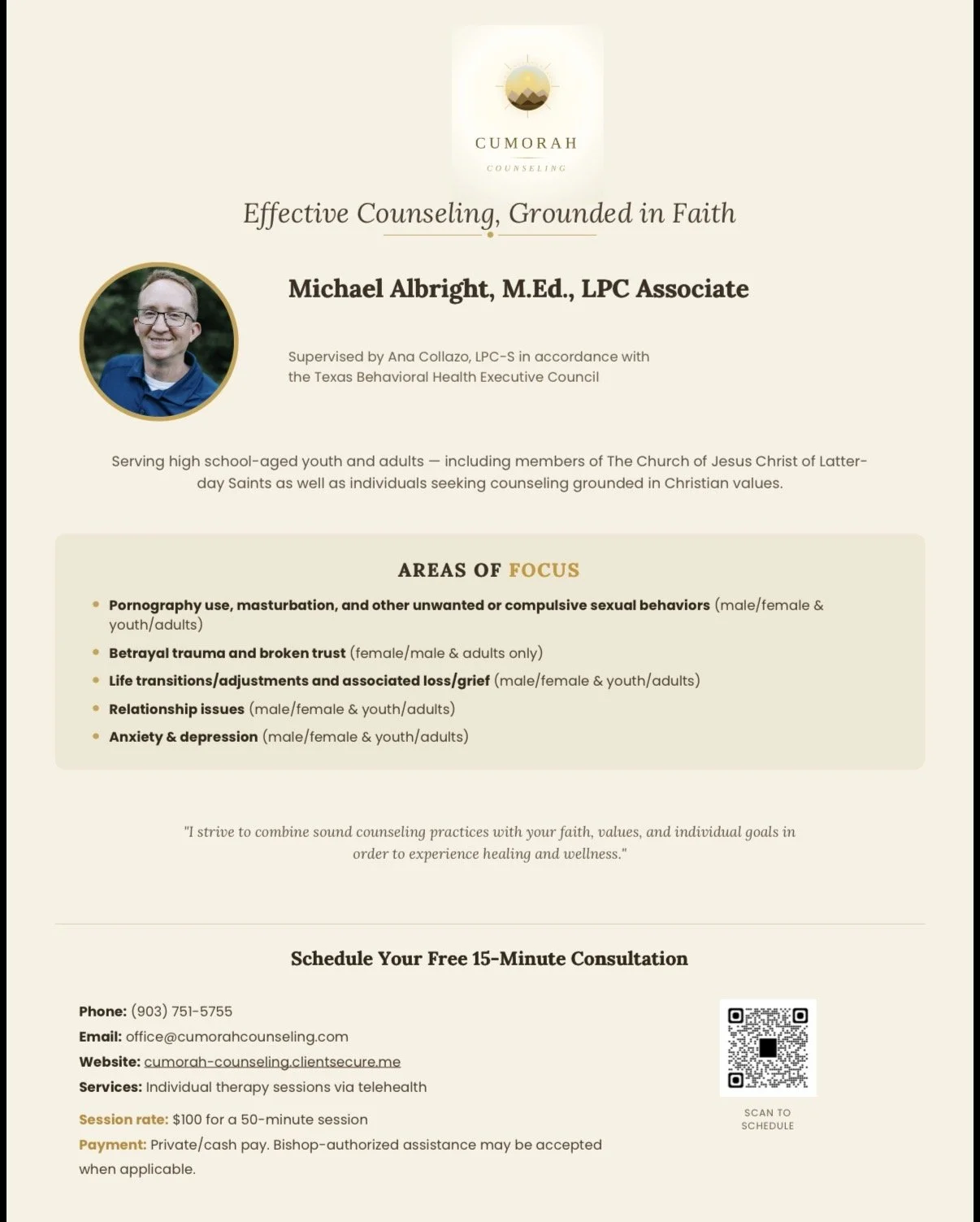 Flyer for Cumorah Counseling featuring Michael Albright, offering counseling services focused on sexual behaviors, trauma, life transitions, relationship issues, and mental health, with contact information and a QR code.