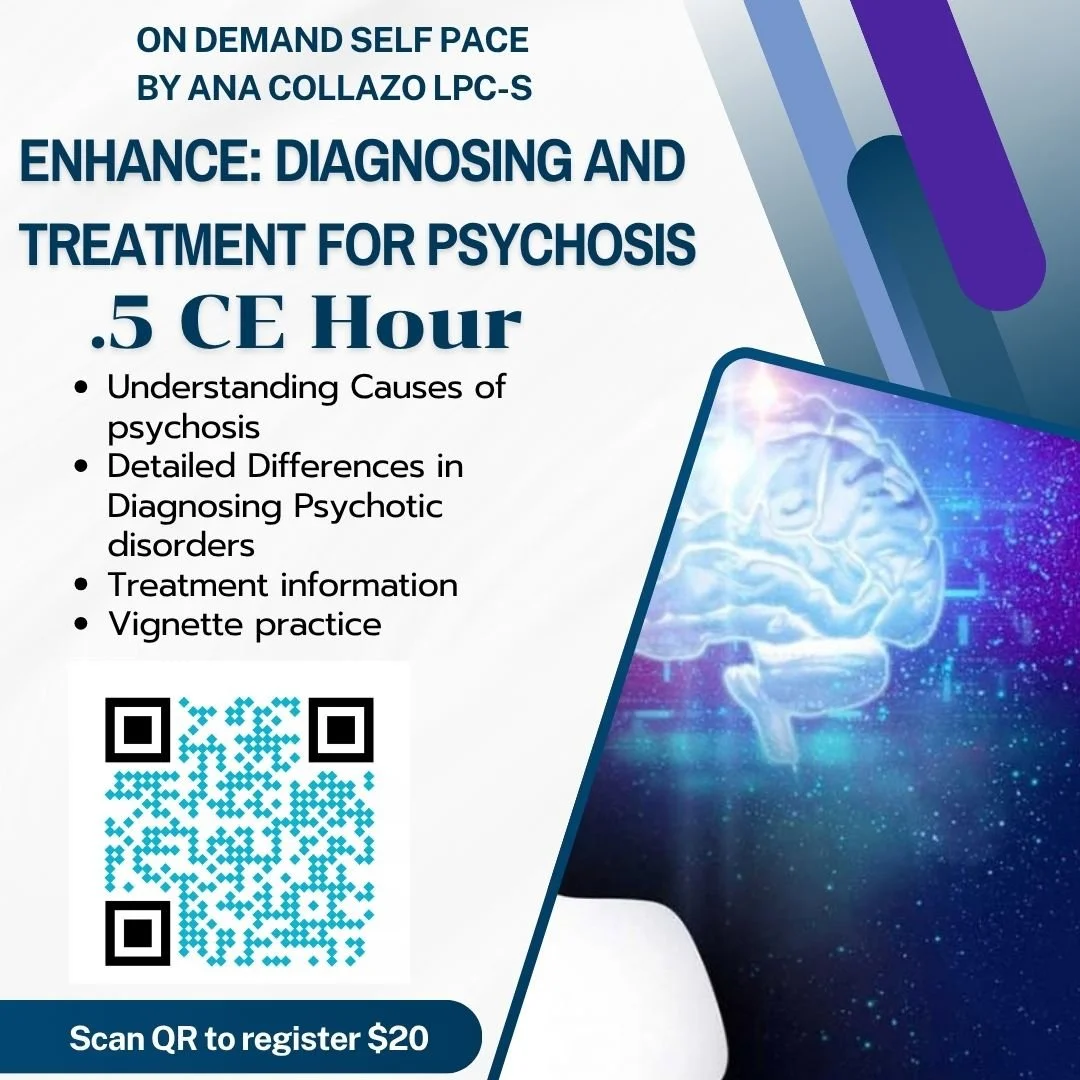 Flyer advertising an on-demand self-paced course on diagnosing and treating psychosis, with topics including causes, differences in disorders, treatment, and practice, featuring a QR code and an image of a digital brain.