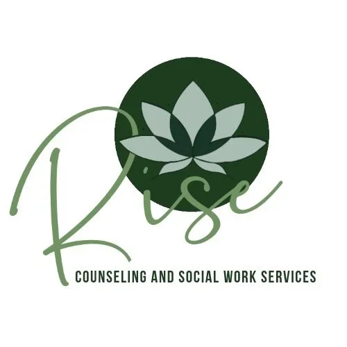Logo with a green lotus flower and the words 'Rise' and 'Counseling and Social Work Services'.