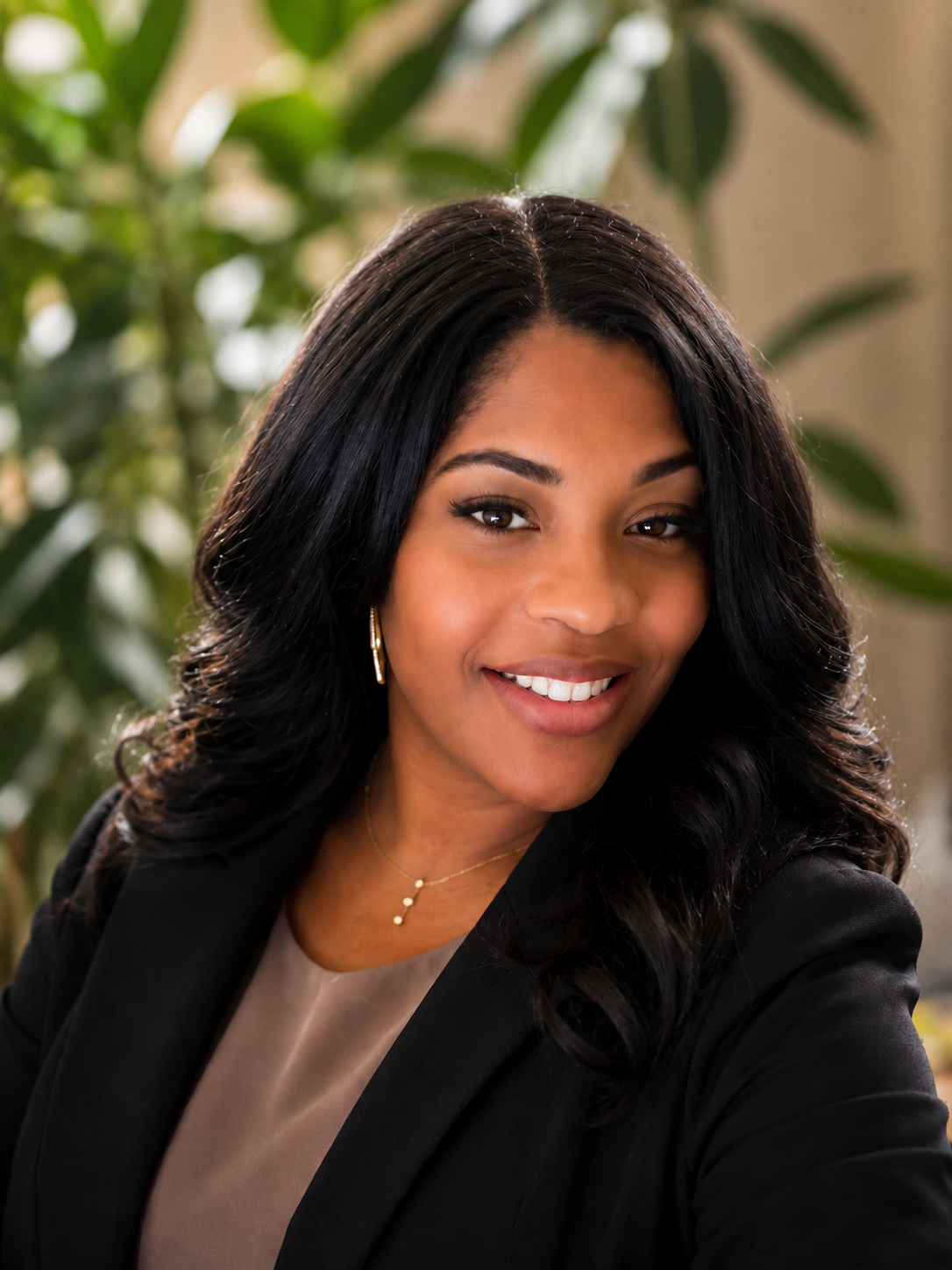 A smiling woman with long black hair, wearing a black blazer and beige top, gold hoop earrings, and a gold necklace, in front of green plants.
