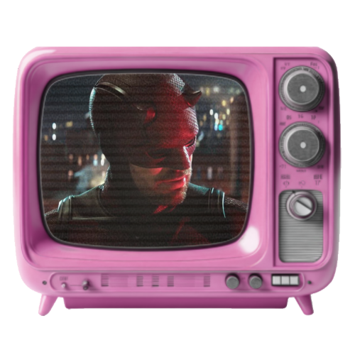 Person with short dark hair and a pierced ear seen on an old-fashioned pink television screen