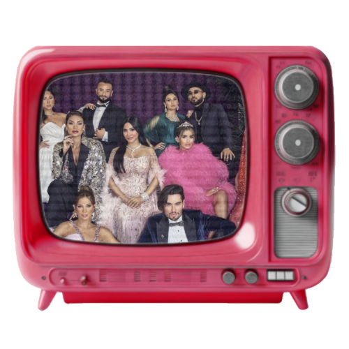 A group of people dressed in formal attire, depicted on a TV screen, with the TV and its controls visible in the image.