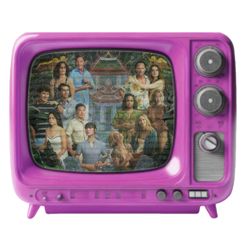 A pink vintage television displaying a collage of diverse people in various poses and outfits.