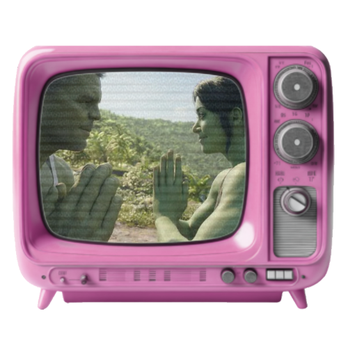 Retro pink television screen showing two women pressing their hands and foreheads against the glass, with a natural landscape background.